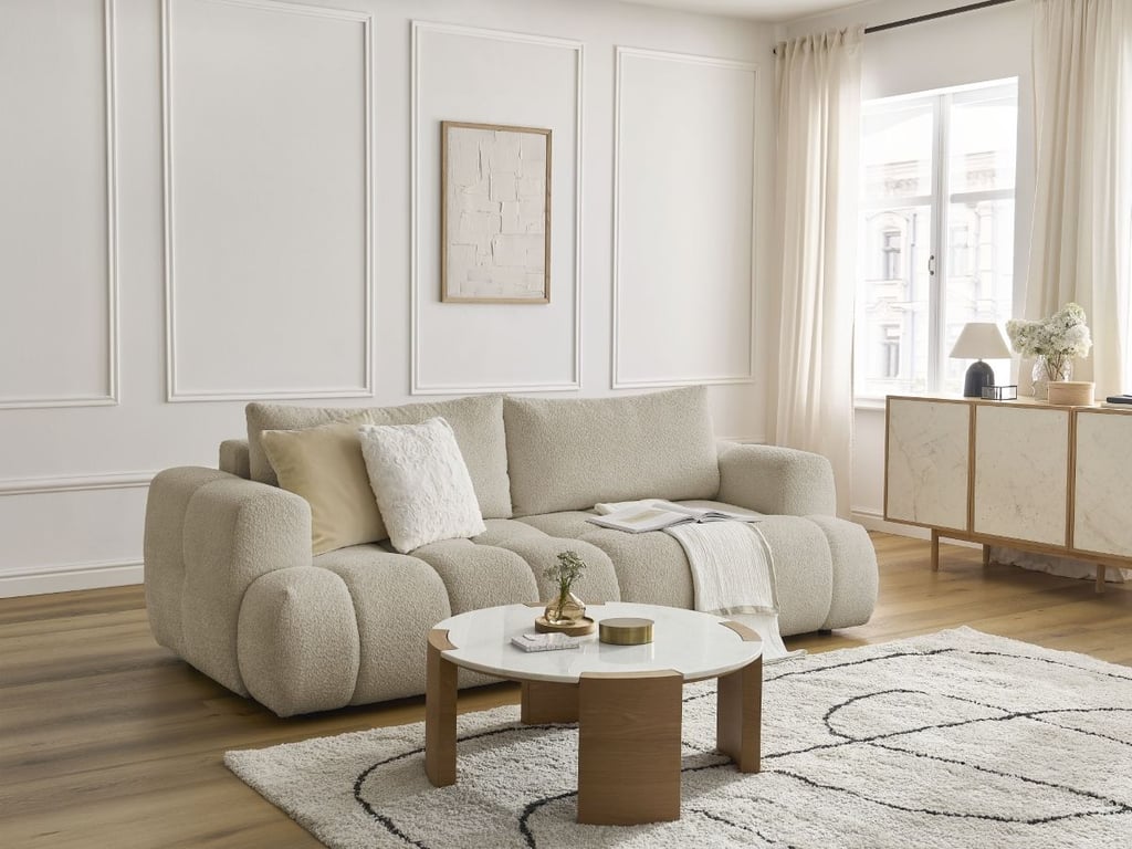 Canapé droit convertible 3 places FUJI tissu bouclette avec pouf beige   BOBOCHIC