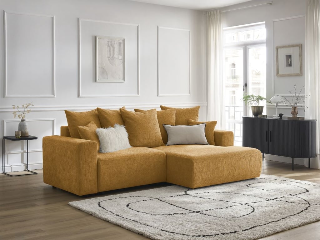 Produit similaire: Canapé d'angle convertible coffre ATILLA tissu texturé jaune angle droit BOBOCHIC 4 places