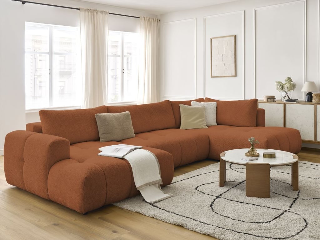 Produit similaire: Canapé d'angle panoramique convertible FUJI tissu bouclette orange angle gauche BOBOCHIC 5 places