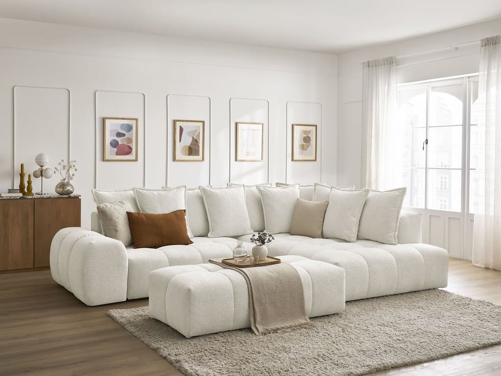 Produit similaire: Canapé d'angle L convertible coffre EVEREST tissu chiné avec pouf blanc angle droit BOBOCHIC 4 places