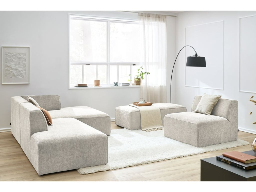 Produit similaire: Canapé d'angle fixe modulable MEGEVE tissu texturé avec 1 chauffeuse et 1 pouf beige angle droit BOBOCHIC 6 places