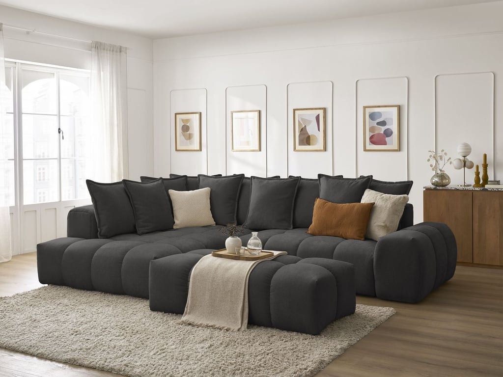 Produit similaire: Canapé d'angle L convertible coffre EVEREST tissu texturé avec pouf noir angle gauche BOBOCHIC 4 places