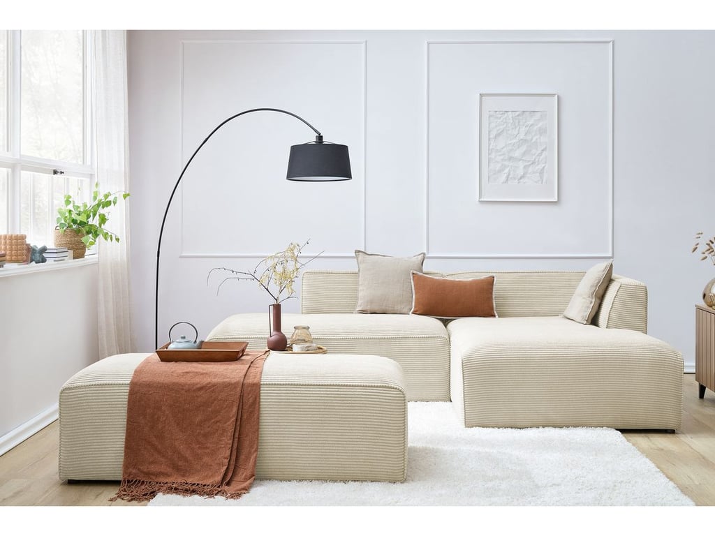 Produit similaire: Canapé d'angle fixe modulable MEGEVE tissu velours côtelé avec pouf beige angle droit BOBOCHIC 5 places