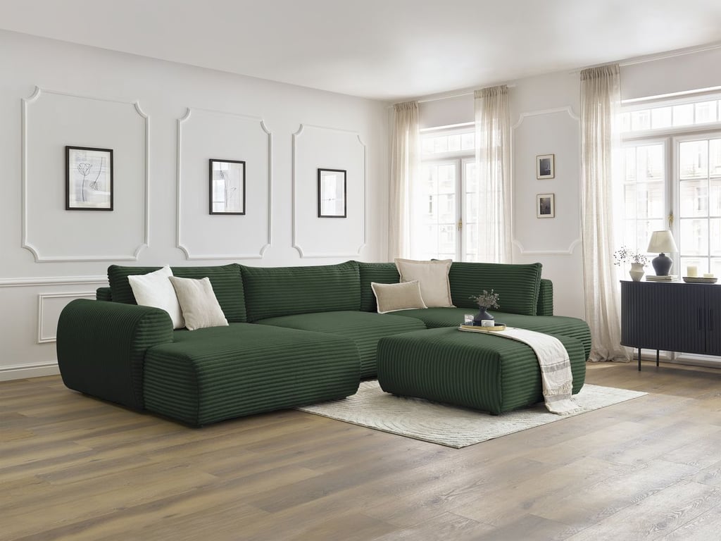 Produit similaire: Canapé panoramique convertible coffre LUCIEN gros côtelé doux avec pouf vert angle gauche BOBOCHIC 6 places