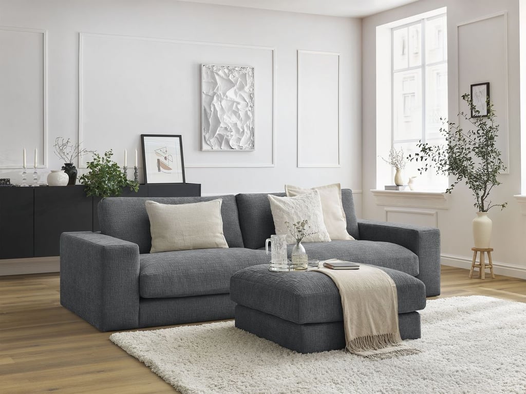 Produit similaire: Canapé droit fixe 3 places compact LEONARD tissu texturé avec pouf gris foncé BOBOCHIC