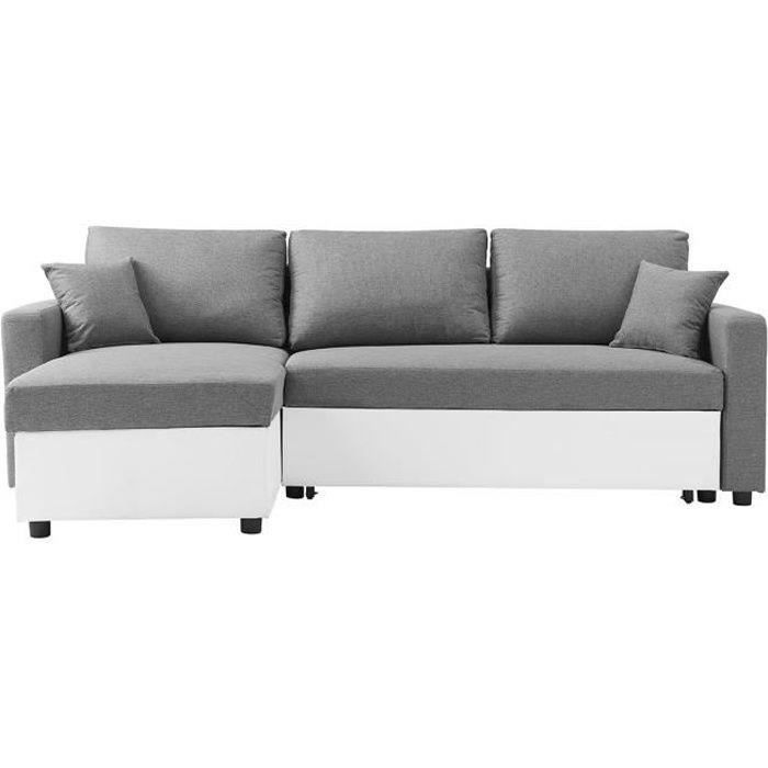 Produit similaire: Canapé d'angle réversible convertible grand couchage + coffre - Tissu Blanc et gris - L 228 x P 148 x H 86 cm - OWENS