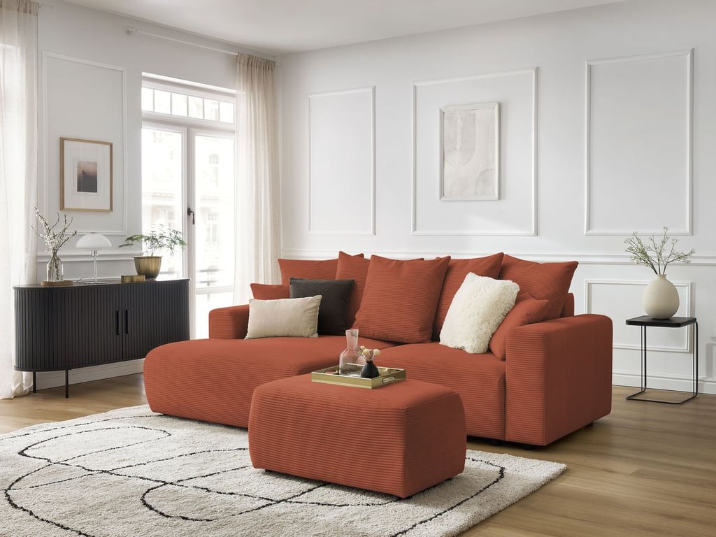 Produit similaire: Canapé d'angle convertible coffre ATILLA velours côtelé avec pouf orange angle gauche BOBOCHIC 4 places
