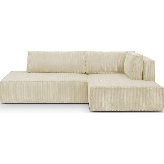 Produit similaire: Canapé d'angle à droite convertible 3 places avec coffre en velours côtelé beige - Barani