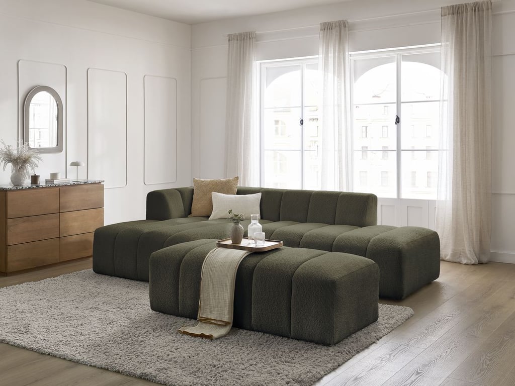 Produit similaire: Canapé d'angle fixe modulable ANNECY tissu bouclette avec pouf vert angle gauche BOBOCHIC 4 places