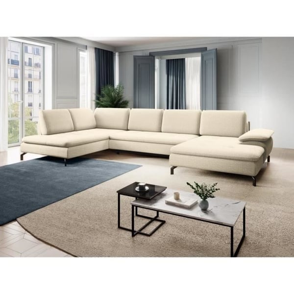 Grand canapé d'angle droit panoramique convertible en tissu texturé beige ARCHIBALD