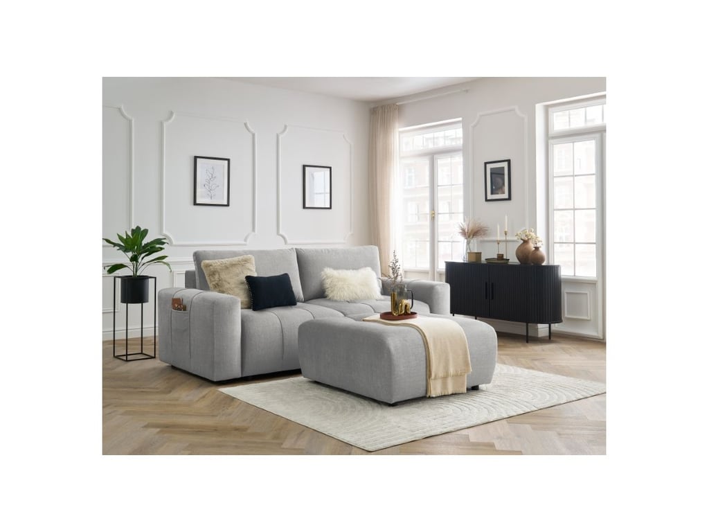 Produit similaire: Canapé droit convertible coffre ARSENE tissu velours avec pouf gris clair BOBOCHIC 4 places