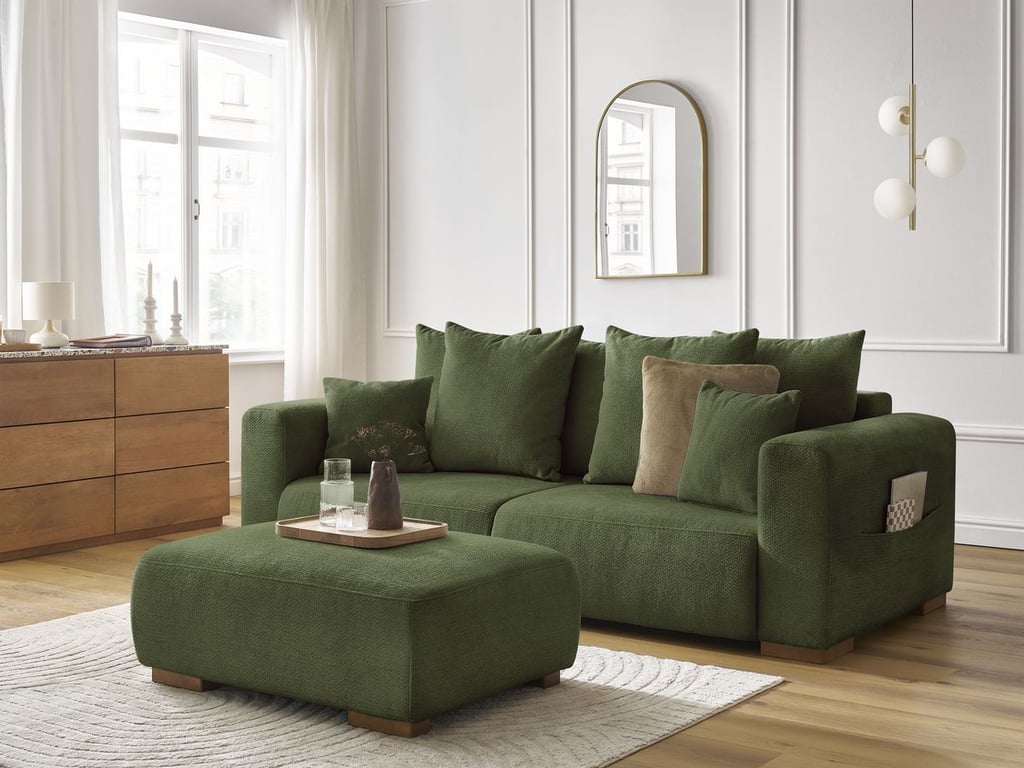 Produit similaire: Canapé droit fixe 3 places SIDONIE tissu chiné avec pouf vert BOBOCHIC