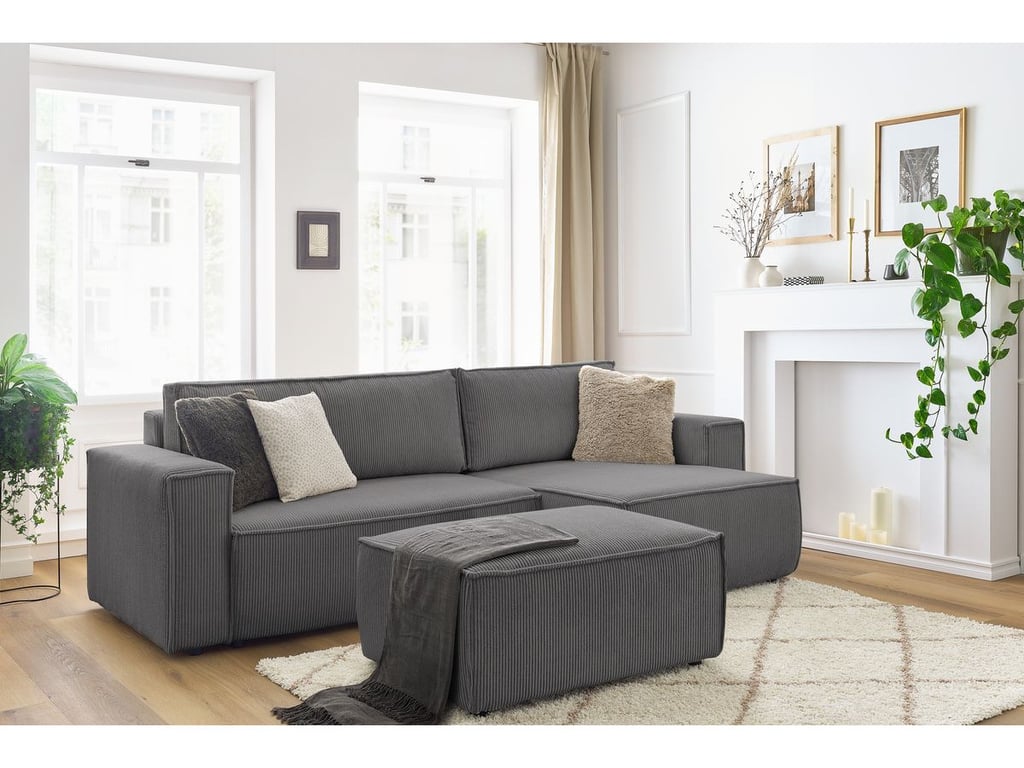 Produit similaire: Canapé d'angle réversible convertible coffre NIHAD velours côtelé avec pouf gris foncé BOBOCHIC 5 places