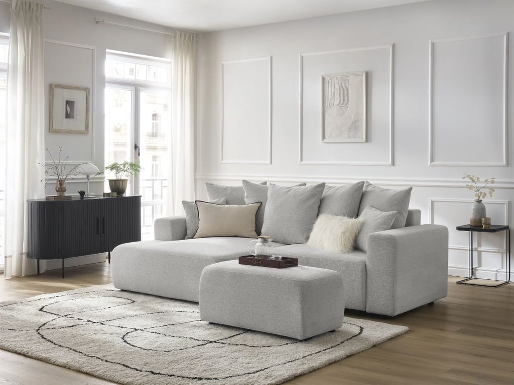 Produit similaire: Canapé d'angle convertible coffre ATILLA tissu chiné avec pouf gris clair angle gauche BOBOCHIC 5 places