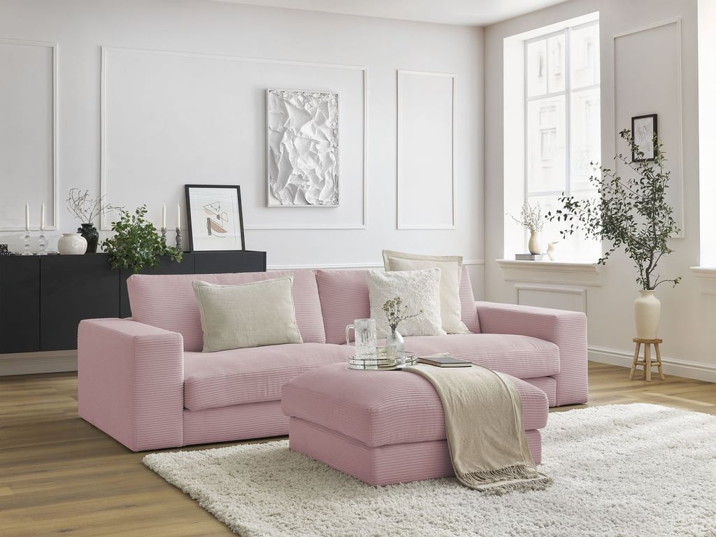 Produit similaire: Canapé droit fixe 3 places LEONARD velours côtelé avec pouf violet BOBOCHIC