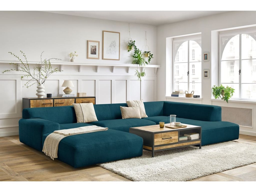 Produit similaire: Canapé panoramique fixe compact LAVENA tissu velours bleu foncé angle gauche BOBOCHIC 6 places