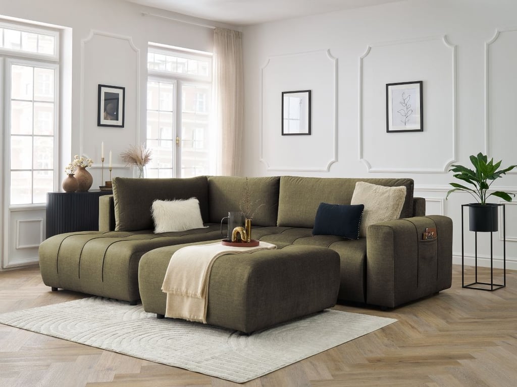 Produit similaire: Canapé d'angle L convertible coffre ARSENE tissu velours avec pouf vert angle gauche BOBOCHIC 4 places