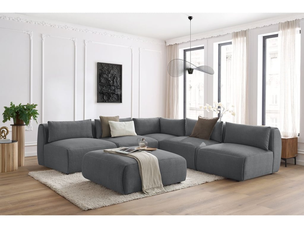 Produit similaire: Canapé d'angle fixe modulable JEANNE tissu velours avec 4 chauffeuses, 1 angle et 1 pouf gris foncé réversible BOBOCHIC 6 places