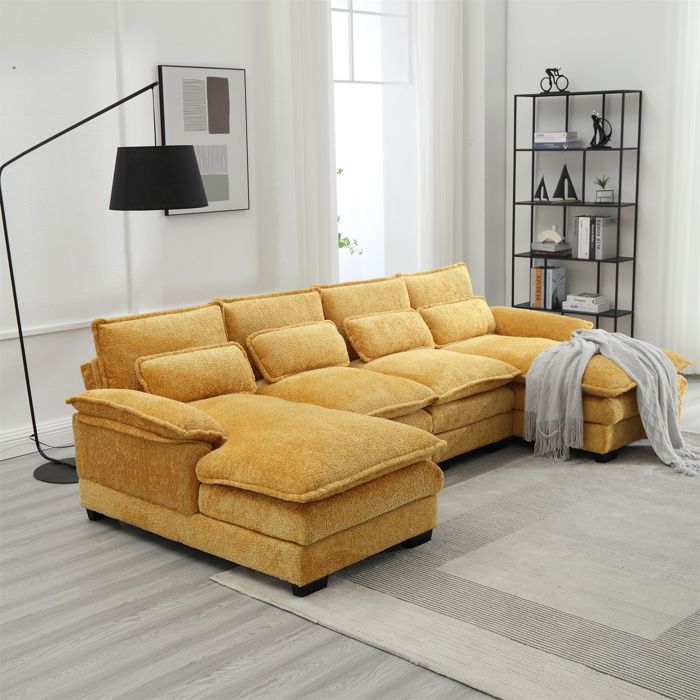 Produit similaire: Canapé d'angle 4 places, 261x134x82cm, Grand canapé en forme de U avec 4 coussins, en tissu boucle, jaune