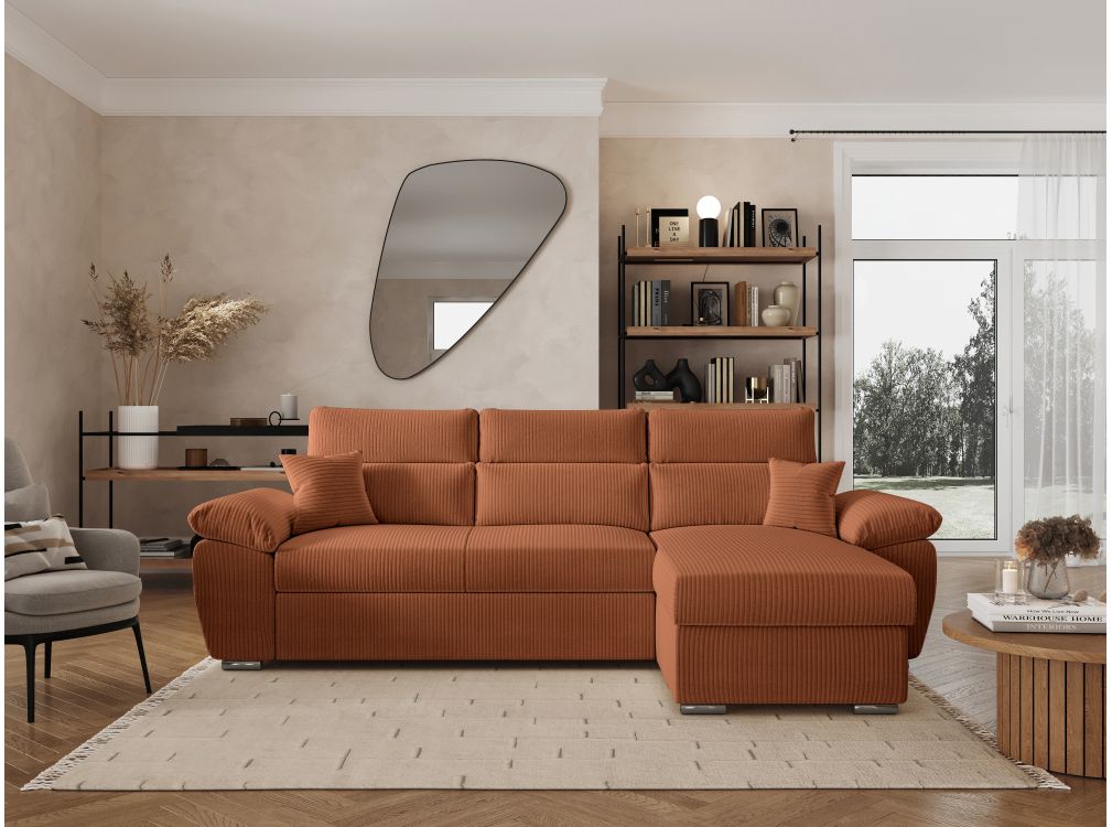 Canapé KOMECO d'angle réversible convertible avec coffre et têtières réglables en velours côtelé