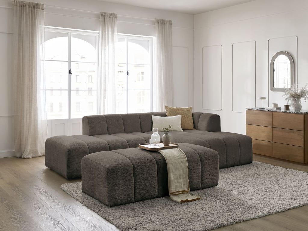 Produit similaire: Canapé d'angle fixe modulable ANNECY tissu bouclette avec pouf marron angle droit BOBOCHIC 4 places