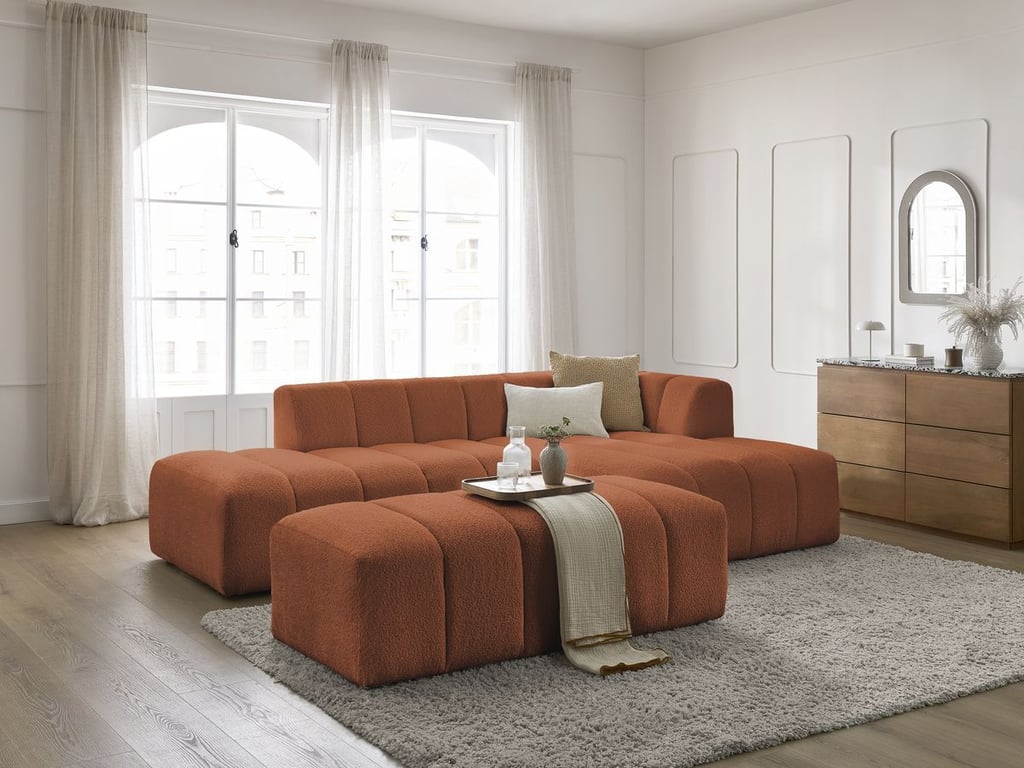 Produit similaire: Canapé d'angle fixe modulable ANNECY tissu bouclette avec pouf orange angle droit BOBOCHIC 4 places