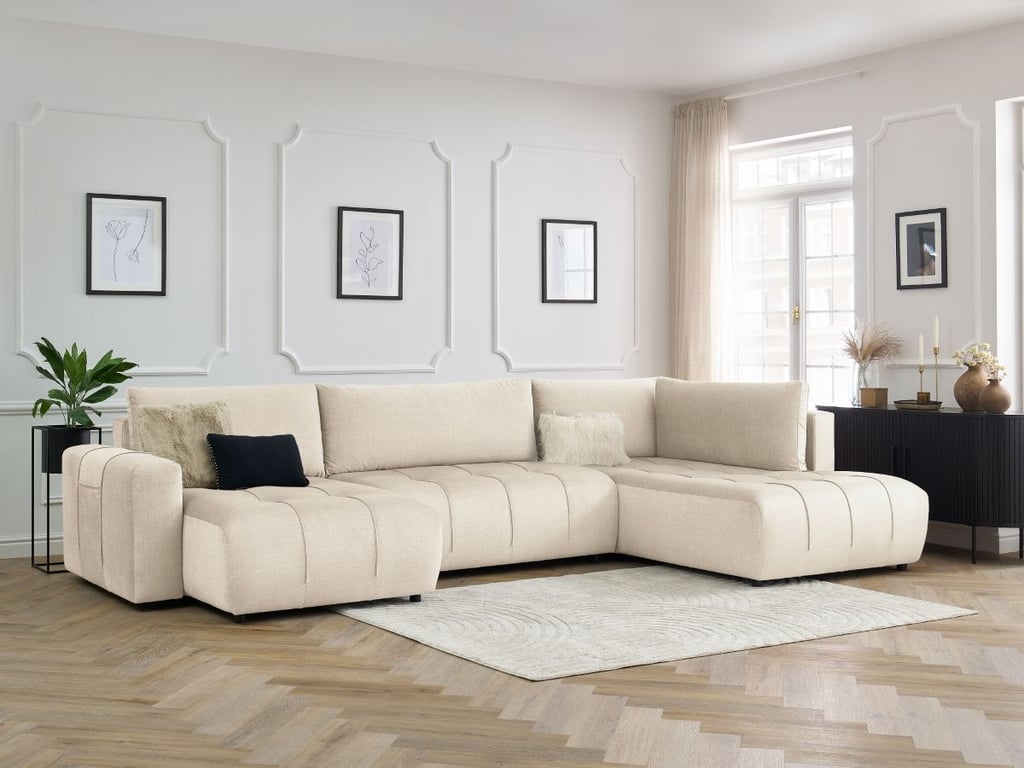 Produit similaire: Canapé panoramique convertible coffre ARSENE tissu velours beige angle gauche BOBOCHIC 5 places