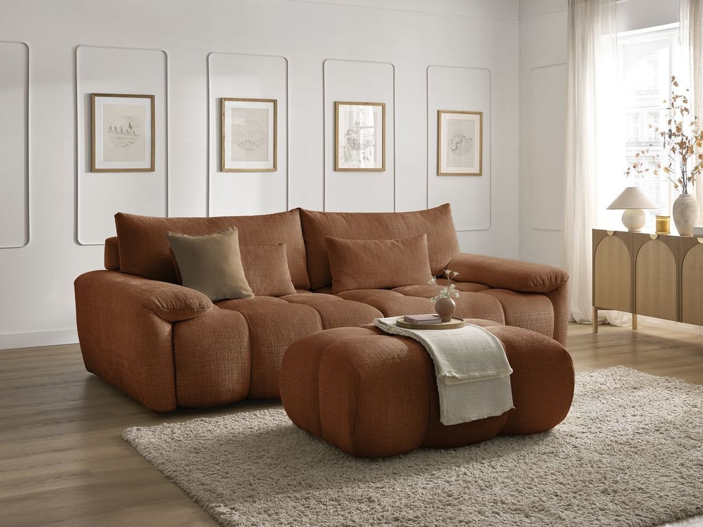 Produit similaire: Canapé droit fixe 3 places IVANE tissu texturé avec pouf orange BOBOCHIC