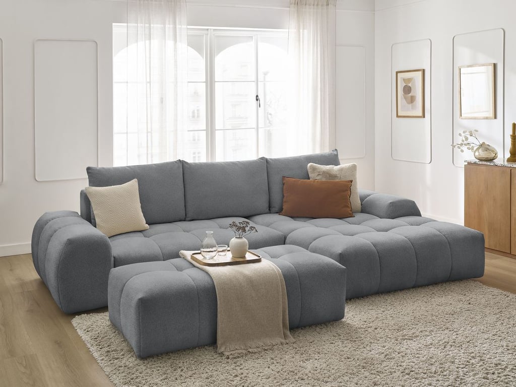 Produit similaire: Canapé d'angle convertible coffre EVEREST tissu chiné avec pouf gris foncé angle droit BOBOCHIC 4 places