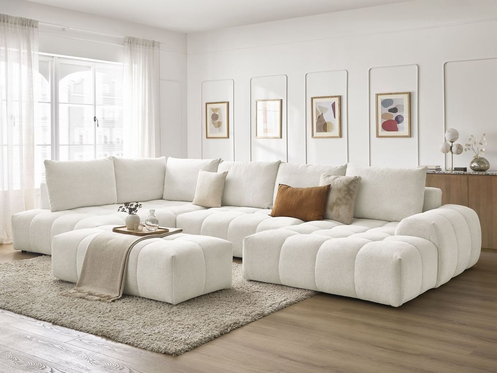 Produit similaire: Everest canapé panoramique convertible coffre 7 places tissu chiné blanc angle droit