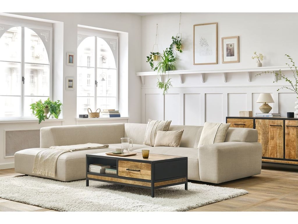 Produit similaire: Canapé d'angle fixe compact LAVENA tissu velours beige angle gauche BOBOCHIC 4 places