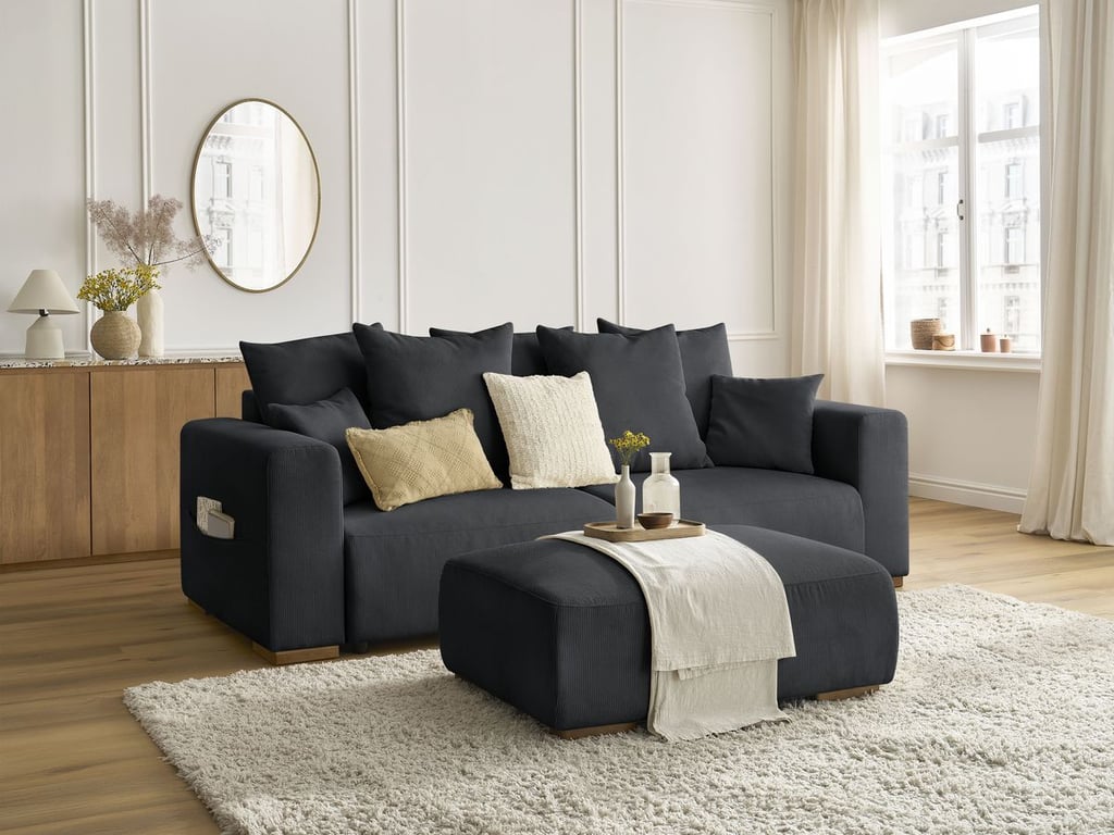 Produit similaire: Canapé droit convertible coffre SIDONIE velours côtelé avec pouf noir BOBOCHIC 4 places