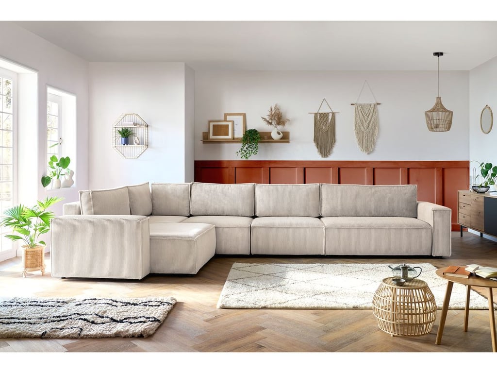 Produit similaire: Canapé d'angle fixe modulable XL NIHAD tissu velours côtelé avec chauffeuse 2 places beige angle gauche BOBOCHIC 6 places