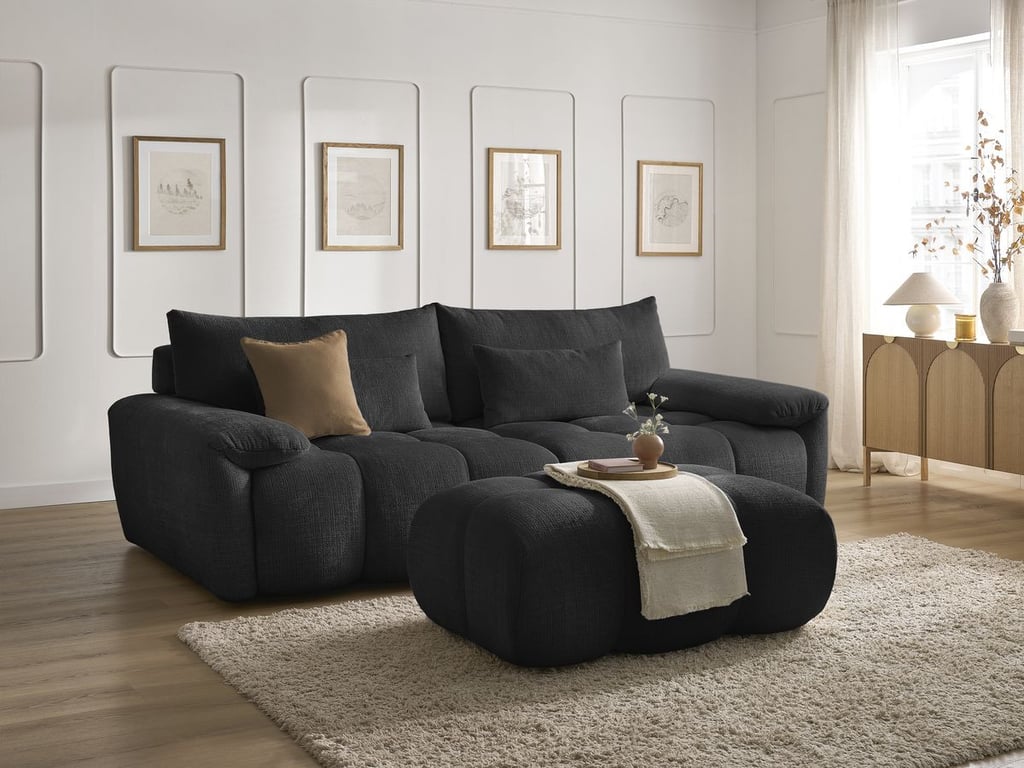 Produit similaire: Canapé droit fixe 3 places IVANE tissu texturé avec pouf noir BOBOCHIC