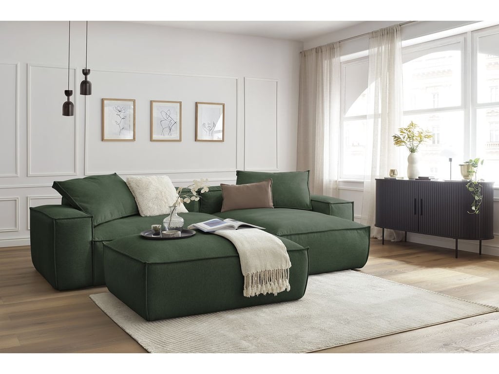 Produit similaire: Canapé d'angle réversible ultra moelleux BOHEME tissu chiné avec pouf vert réversible BOBOCHIC 3 places
