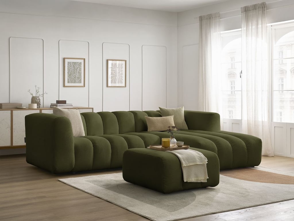 Produit similaire: Canapé d'angle fixe TALIA tissu chiné avec pouf vert angle droit BOBOCHIC 4 places