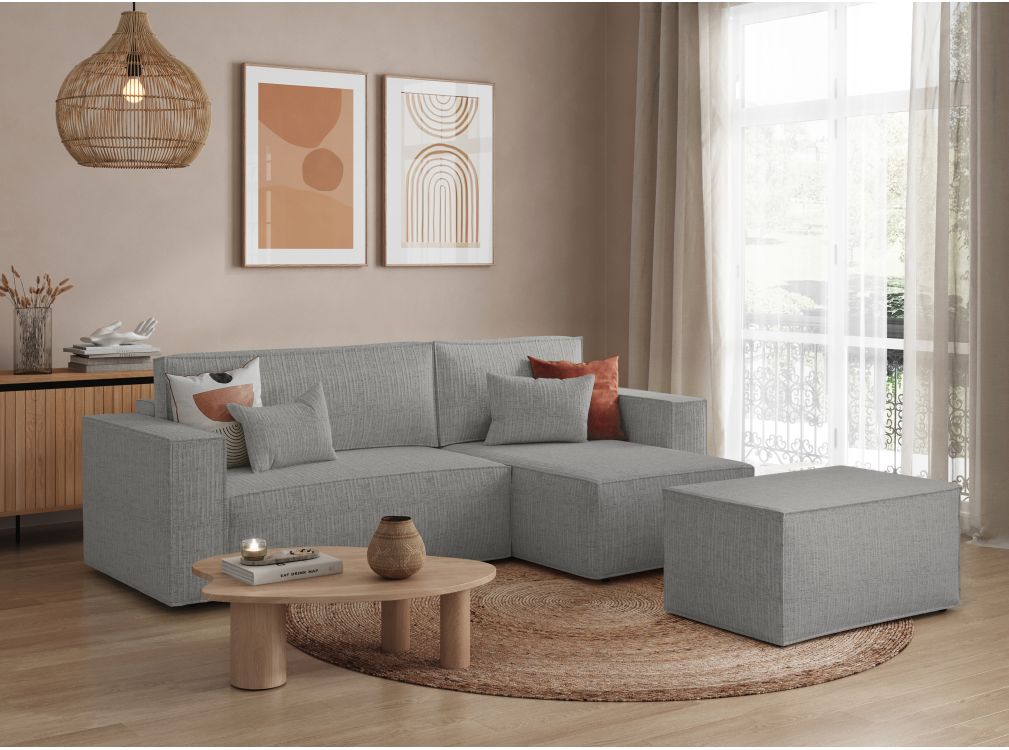 Produit similaire: PACK - CLARISSE - Canapé d'angle convertible réversible avec pouf en tissu texturé 3D