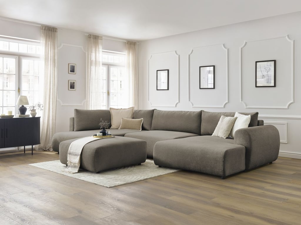 Produit similaire: Canapé panoramique convertible coffre LUCIEN tissu lisse avec pouf taupe angle droit BOBOCHIC 6 places