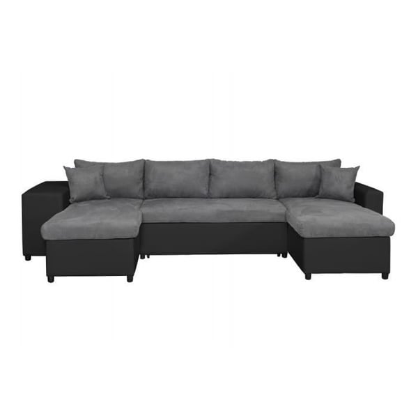 Canapé panoramique OSLO convertible avec coffres, poufs à gauche - Simili/Microfibre - Noir/Gris - L311 x P146 x H81cm - LOUNGITUDE
