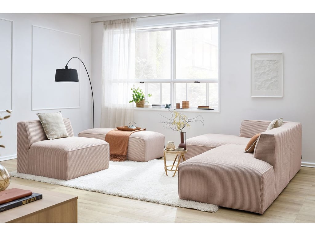 Produit similaire: Canapé d'angle fixe modulable MEGEVE tissu velours côtelé avec 1 chauffeuse et 1 pouf rose angle gauche BOBOCHIC 6 places