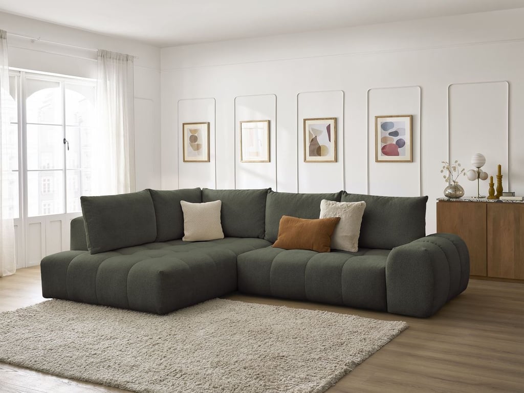 Produit similaire: Canapé d'angle L convertible coffre EVEREST tissu chiné vert angle gauche BOBOCHIC 3 places