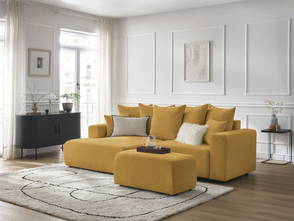 Produit similaire: Canapé d'angle convertible coffre ATILLA tissu chiné avec pouf jaune angle gauche BOBOCHIC 5 places