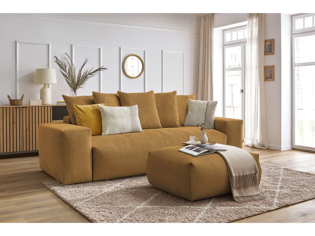 Produit similaire: Canapé droit convertible coffre VOLTAIRE avec pouf jaune BOBOCHIC 4 places