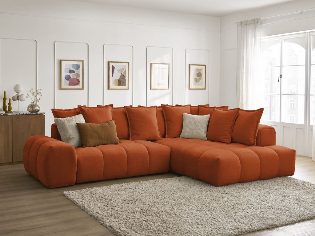 Produit similaire: Canapé d'angle L convertible coffre EVEREST tissu texturé orange angle droit BOBOCHIC 3 places