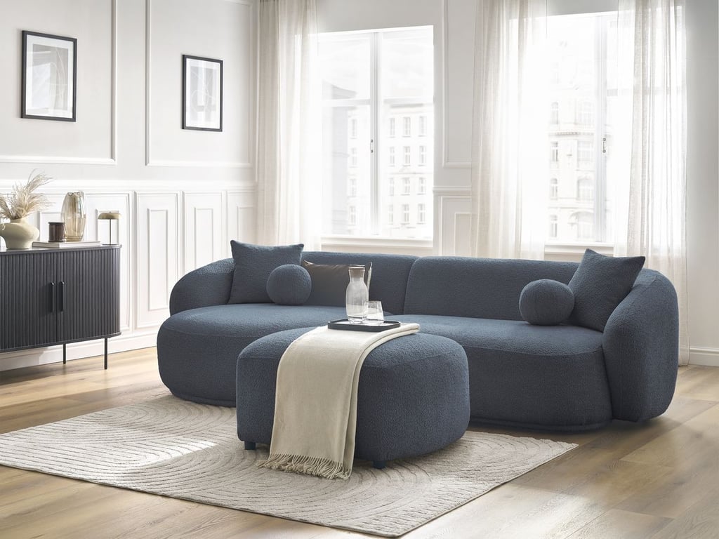 Produit similaire: Canapé d'angle fixe ASHLEY avec pouf bleu foncé angle gauche BOBOCHIC 4 places