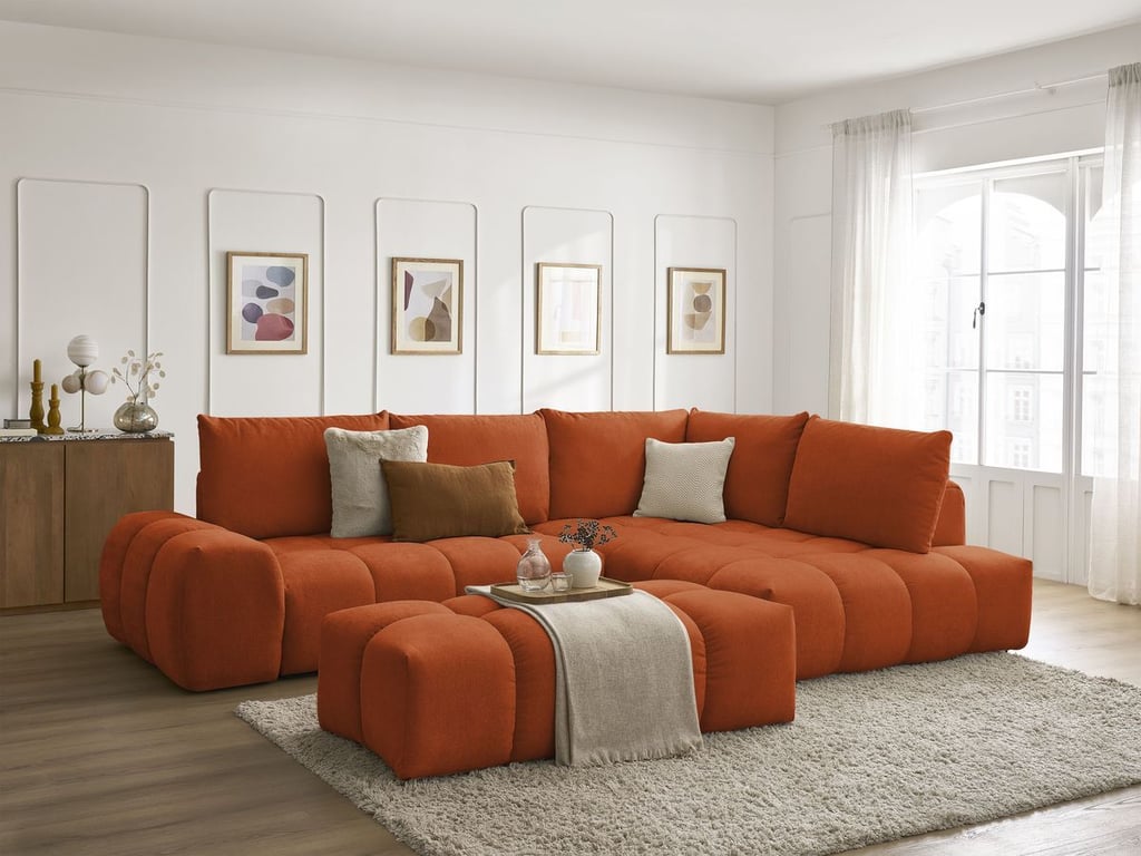 Produit similaire: Canapé d'angle L convertible coffre EVEREST tissu texturé avec pouf orange angle droit BOBOCHIC 4 places