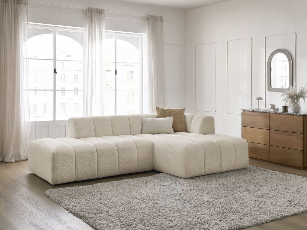 Produit similaire: Canapé d'angle fixe modulable ANNECY tissu bouclette beige angle droit BOBOCHIC 3 places