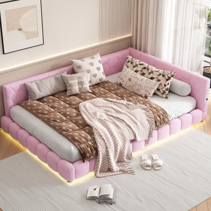 Canapé-Lit 140*200cm, Lumière Ambiante 16 Couleurs, Port USB, Matière Confortable, Rose