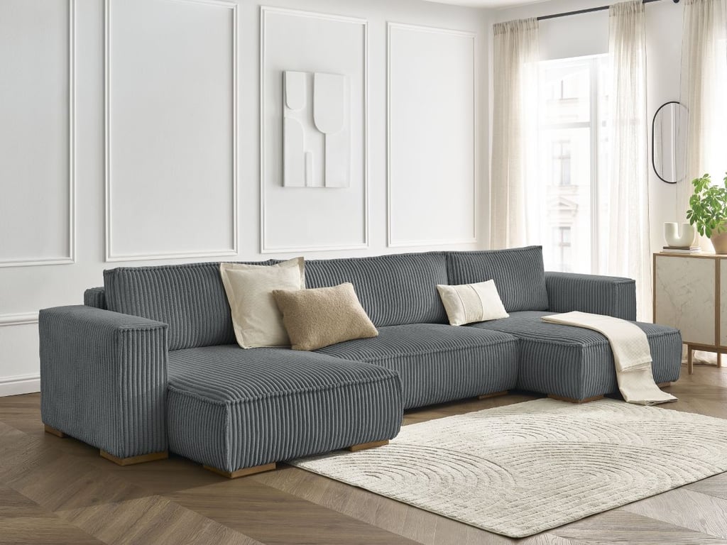 Produit similaire: Canapé panoramique convertible coffre CHELSEA gros côtelé doux gris foncé BOBOCHIC 4 places