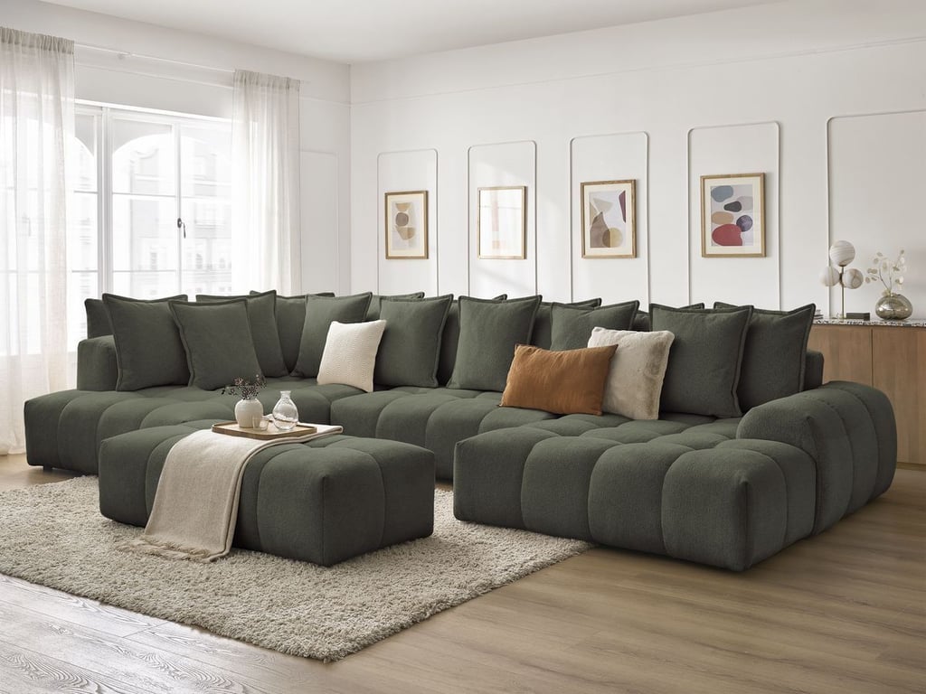 Produit similaire: Canapé panoramique convertible coffre EVEREST tissu chiné avec pouf vert angle droit BOBOCHIC 7 places